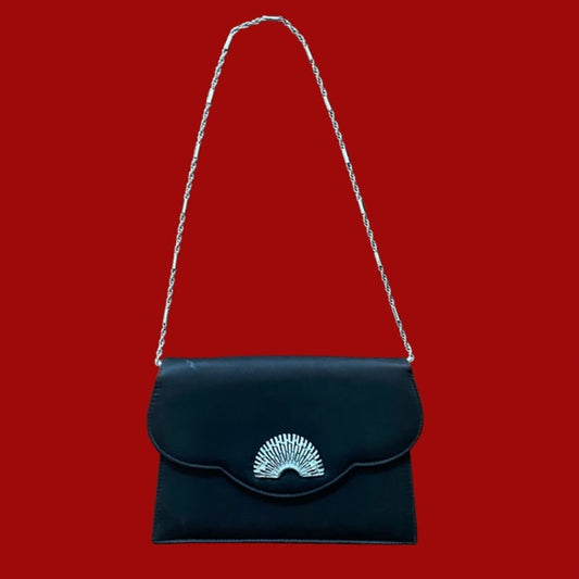 Vintage Black Satin Evening Bag with Silver Fan Decal and Chain Shoulder Strap