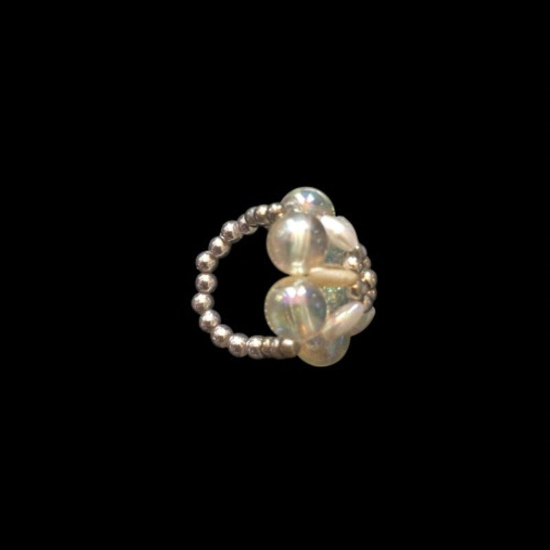 Vintage Silver/White/Clear AB Beaded Flower Cocktail Ring (5)