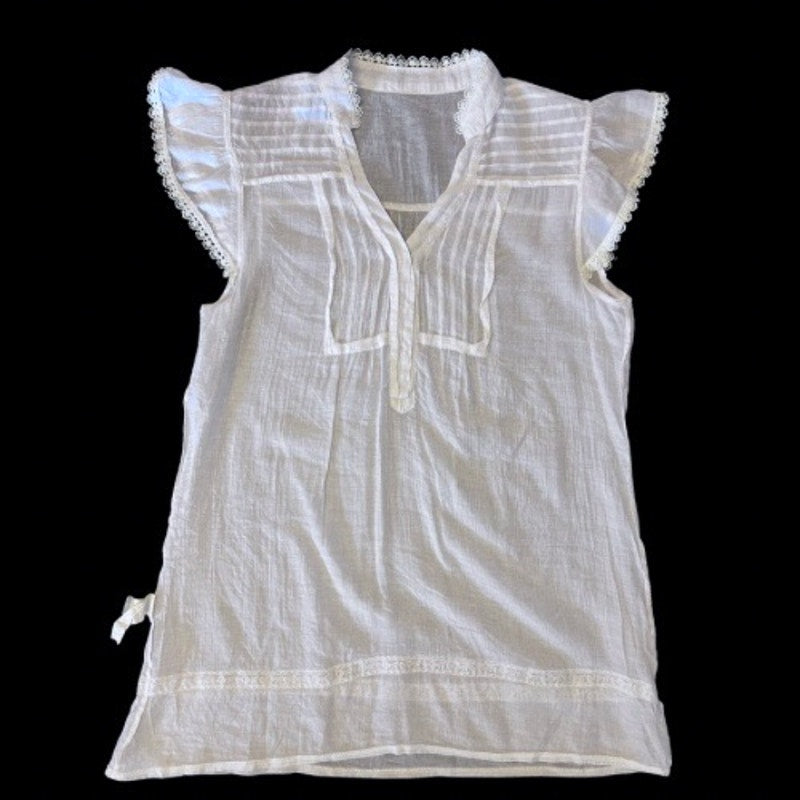 Y2K Sheer White Lace Trim Cap Sleeve Button Down Blouse (M/L)