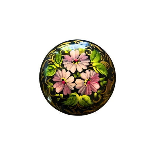 Vintage Ukrainian Round Handpainted Black Floral/ Gold Filigree Lacquer Wood Brooch