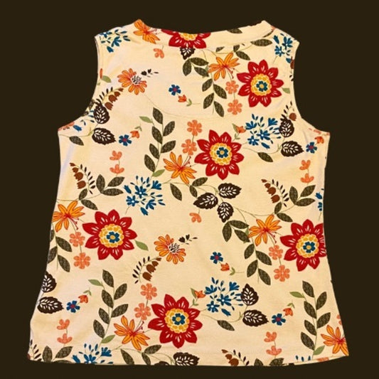 Cream/Red/Multi Floral Pattern V-Neck 100% Cotton Vest/ SleevelessTop (8-10)