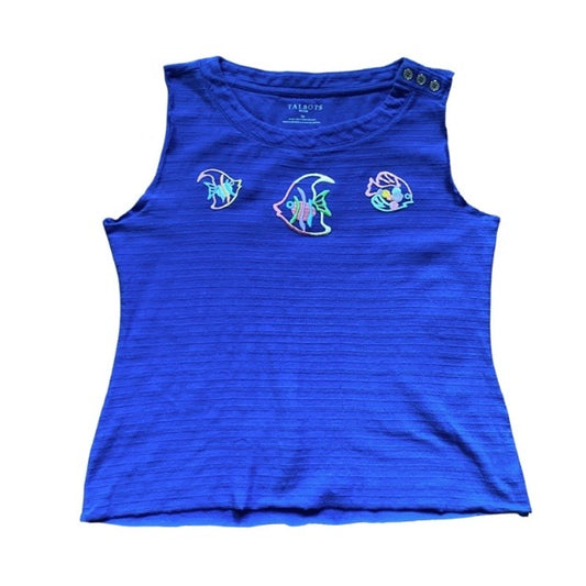 Upcycled Tropical Fish Vintage Patch Embellished Sleeveless Cobalt Blue Tank Top (S)