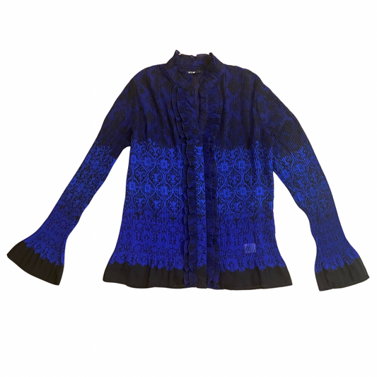 Sheer Ombré Royal Blue & Black Floral Damask Print Ruffled Bell Sleeve Button-Down Blouse (L)