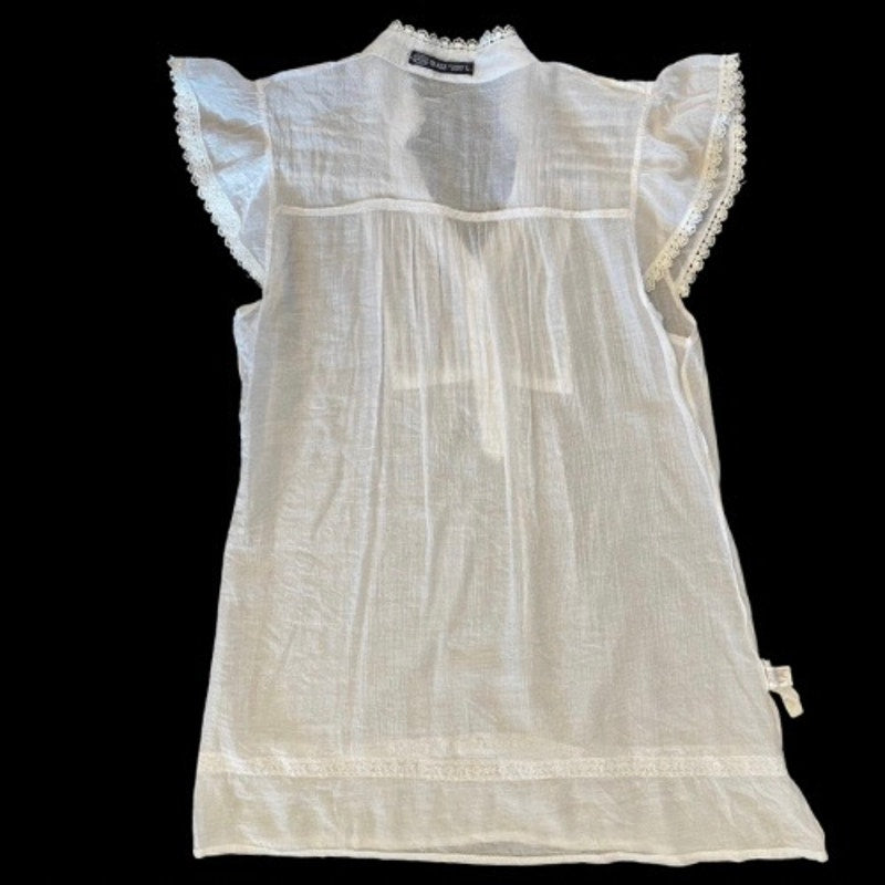 Y2K Sheer White Lace Trim Cap Sleeve Button Down Blouse (M/L)