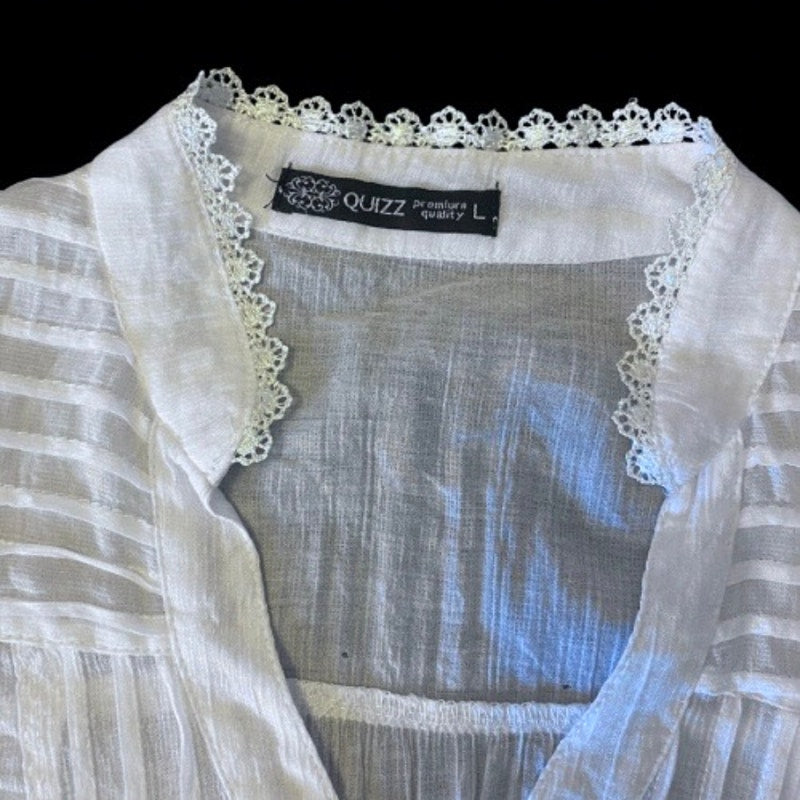 Y2K Sheer White Lace Trim Cap Sleeve Button Down Blouse (M/L)