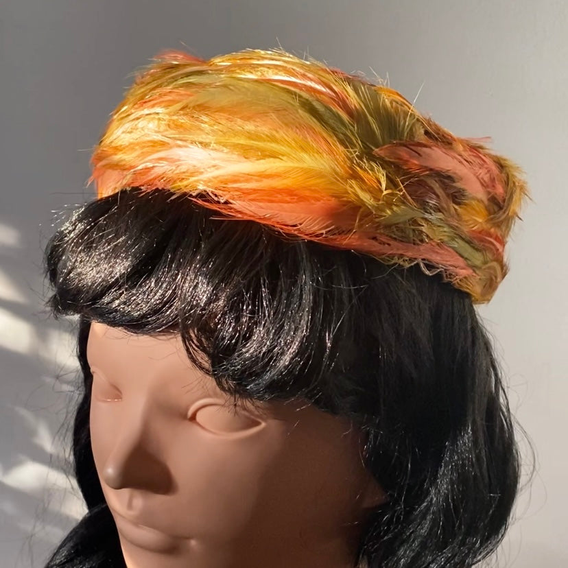 Vintage Orange, Brown, and Green Feather Pillbox Hat