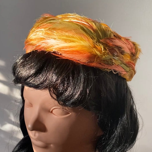 Vintage Orange, Brown, and Green Feather Pillbox Hat