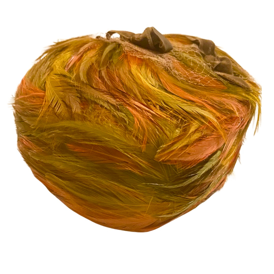 Vintage Orange, Brown, and Green Feather Pillbox Hat