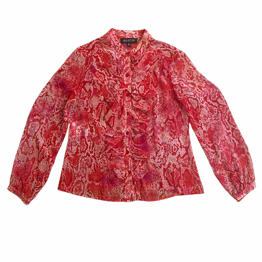 Sheer Pink Snakeskin Pattern Ruffle Button-Down Blouse (8P)