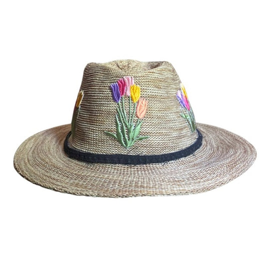 Upcycled Pink/Purple/Yellow Tulip Patch Straw Fedora