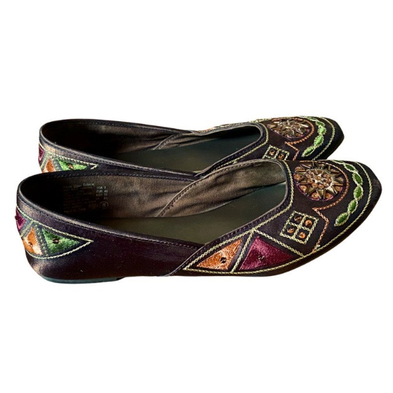 Beaded Sequin Sun Chocolate Brown Embroidered Satin Flats (8)