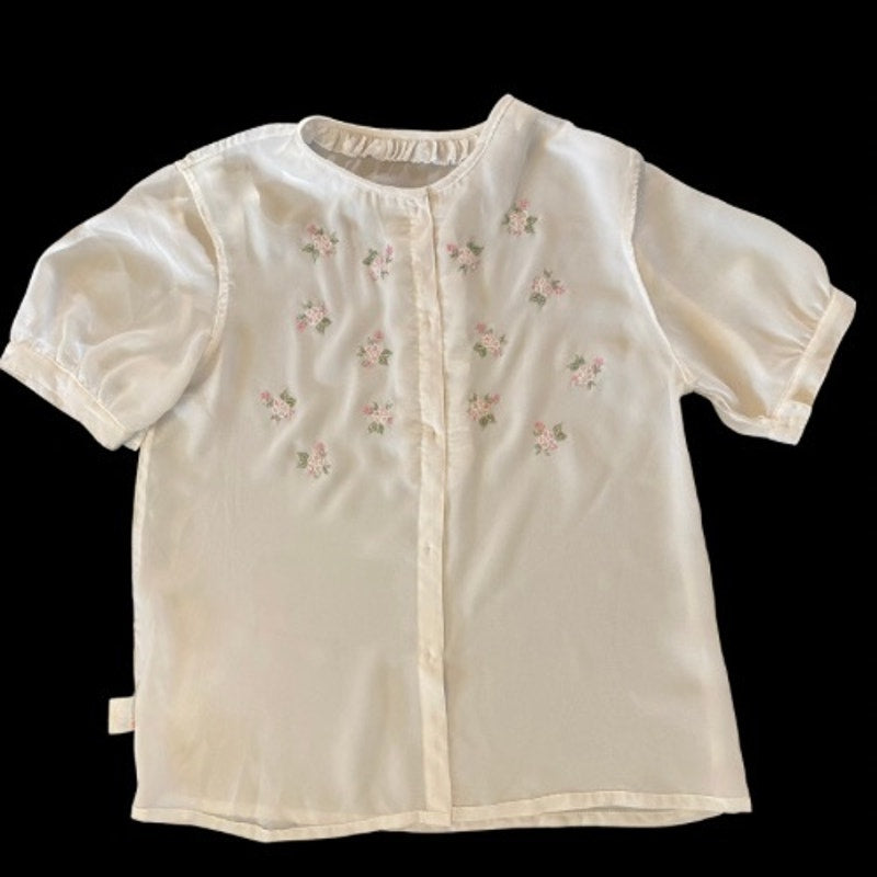 Vintage White Ruffle Collar Embroidered Pink & Green Flowers Sheer Button Down Blouse  (S)