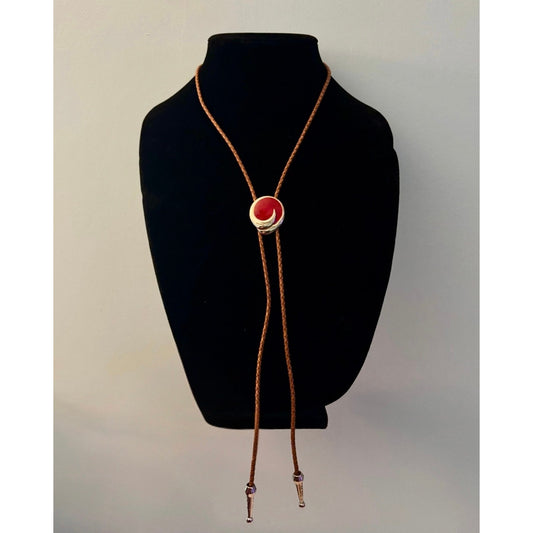 Red & Silver Swirl Camel Brown Leather Cord Bolo Tie