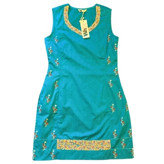 NWT Teal Blue & White Polka Dot Embroidered Floral Cotton Sleeveless Tunic Top (S)
