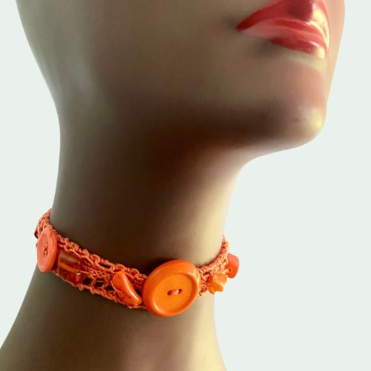 Orange Button Embellished Handknit Cotton Choker Necklace