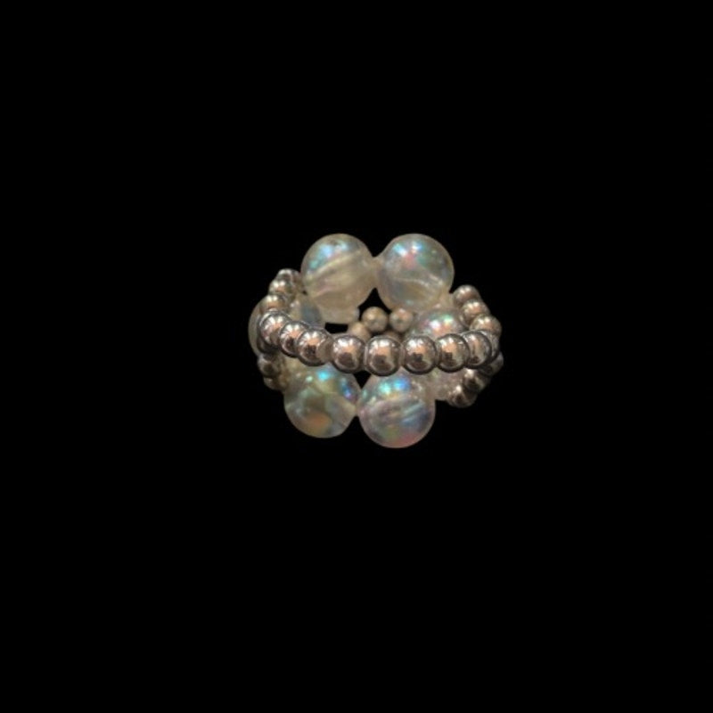 Vintage Silver/White/Clear AB Beaded Flower Cocktail Ring (5)