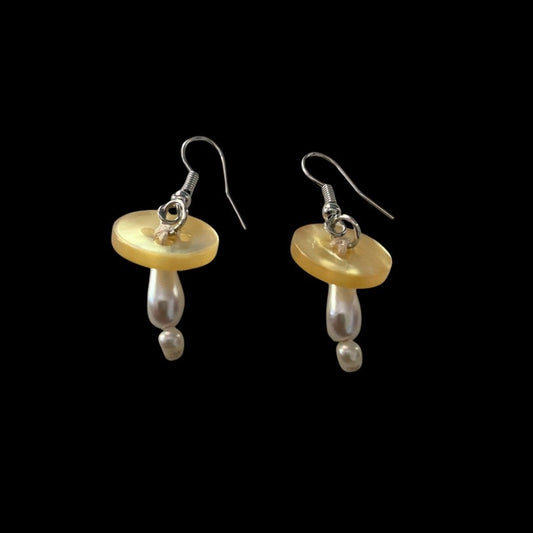 Yellow Vintage Pearl Bead & Button Mushroom Earrings