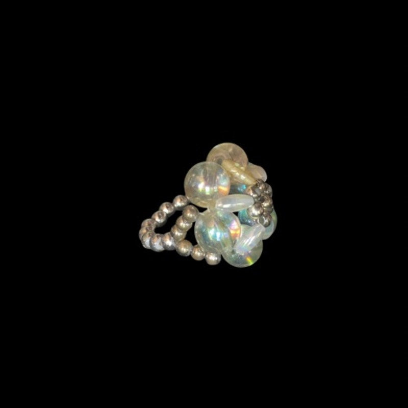 Vintage Silver/White/Clear AB Beaded Flower Cocktail Ring (5)