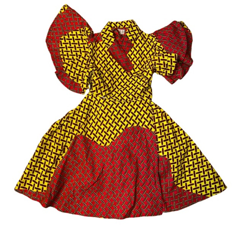 Vibrant Yellow Black & Red Geometric Ankara Print 100% Cotton Layered Wrap Dress (S)