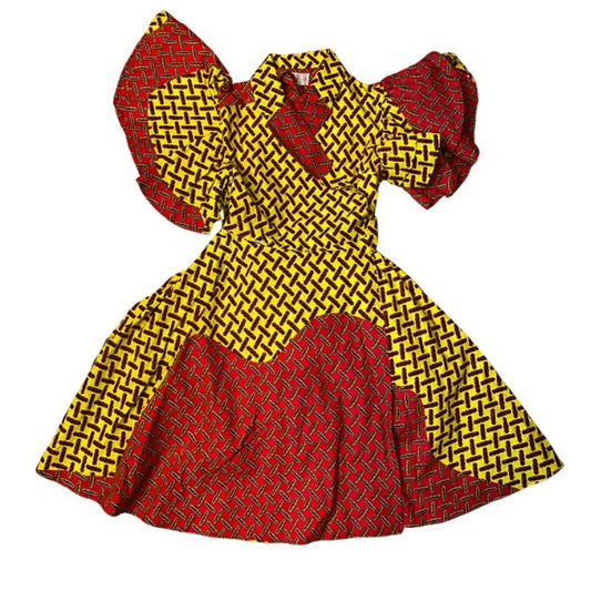 Vibrant Yellow Black & Red Geometric Ankara Print 100% Cotton Layered Wrap Dress (S)