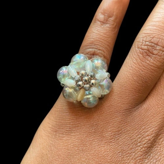 Vintage Silver/White/Clear AB Beaded Flower Cocktail Ring (5)