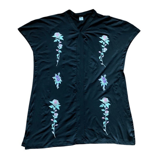 Upcycled Pastel & Silver Rose Vintage Patch Embellished Black Tunic (L)