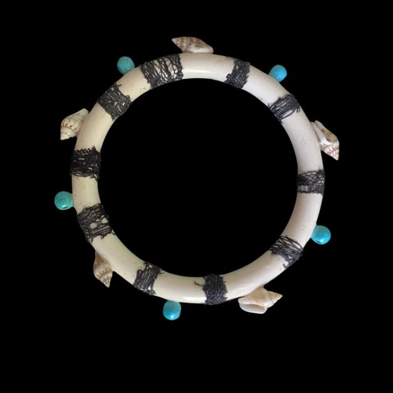 Black Lace Striped Shell & Mock Turquoise Studded Bangle