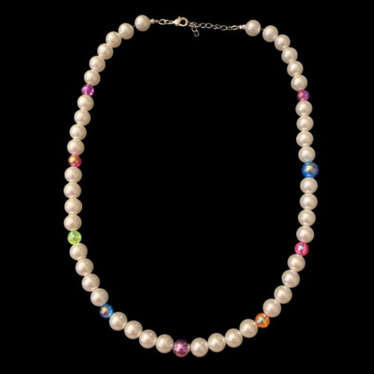 Multicolor Candy Chrome Mock Pearl Necklace | Handmade with Vintage Beads