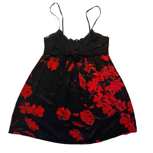 90’s Lacey Bust Black and Red Floral Babydoll Spaghetti Strap Dress  (M)