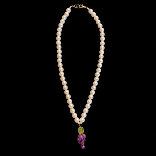 Grape Cluster Pendant Mock Pearl Choker Necklace | Handmade with Vintage Beads