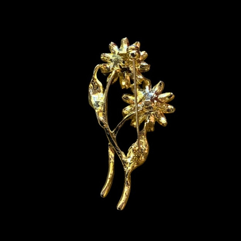 Vintage AB Red & Fuchsia Rhinestones Goldtoned Flower Brooch