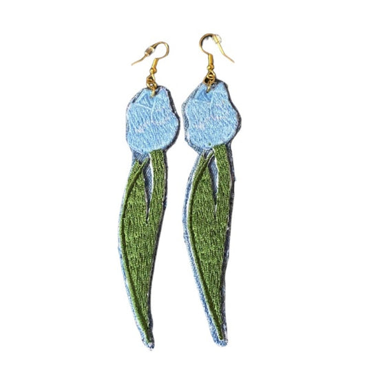 Upcycled Vintage Blue Tulip Embroidered Patch + Denim Earrings