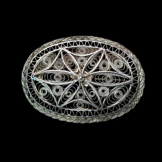 Antique Sterling Silver Oval Floral Filigree Brooch