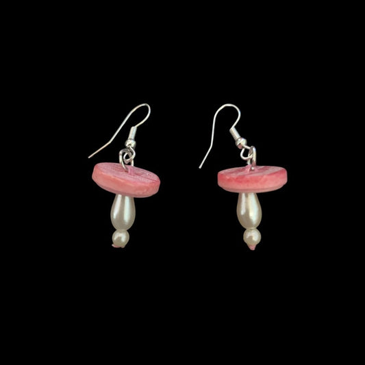 Pink Vintage Pearl Bead & Button Mushroom Earrings