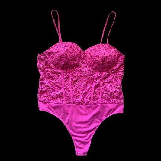 Hot Pink Lace Spaghetti Strap Bustier Bodysuit  (XL)