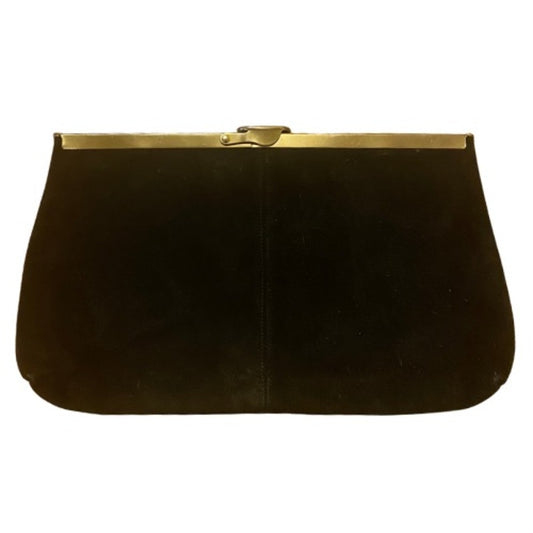 Vintage Large Black Suede Clutch/Evening Bag with Brass Clasp and Chain