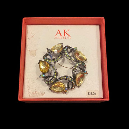 Anne Klein Yellow Crystal Rhinestone Studded Pewter Wreath Pin