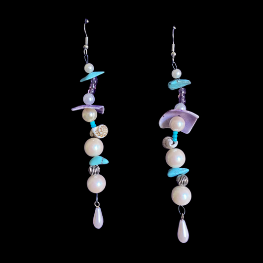 Alana | Purple/ Multi Shell Mock Pearl Beaded Wavy Dangle Earrings