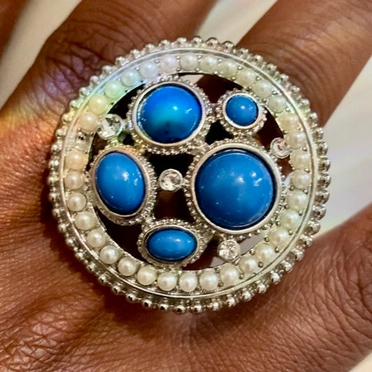 Round Mock Turquoise & Pearl Studded Costume Silver Cocktail Ring (7-9)