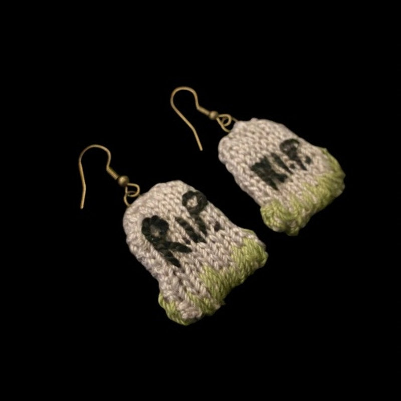 “R.I.P.” Grassy Tombstone Earrings | Handknit with Cotton Thread