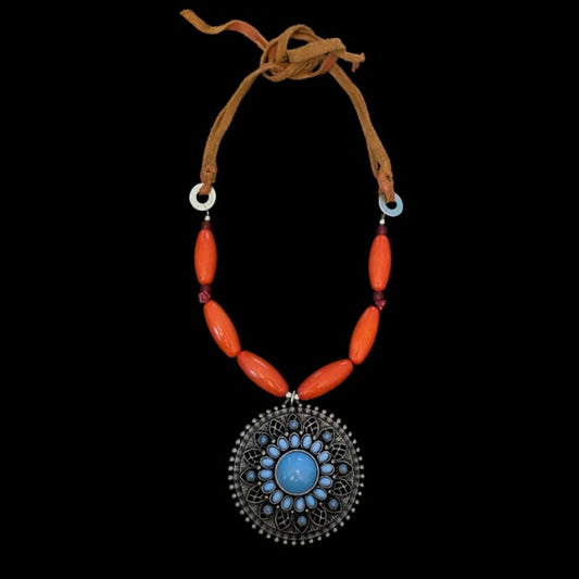 Vintage Mock Turquoise & Coral Beaded Leather Strap Statement Choker Necklace