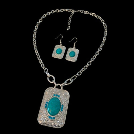 Southwestern Style Floral Etched Costume Silver & Mock Turquoise Rectangle Pendant Necklace & Drop Earring Set