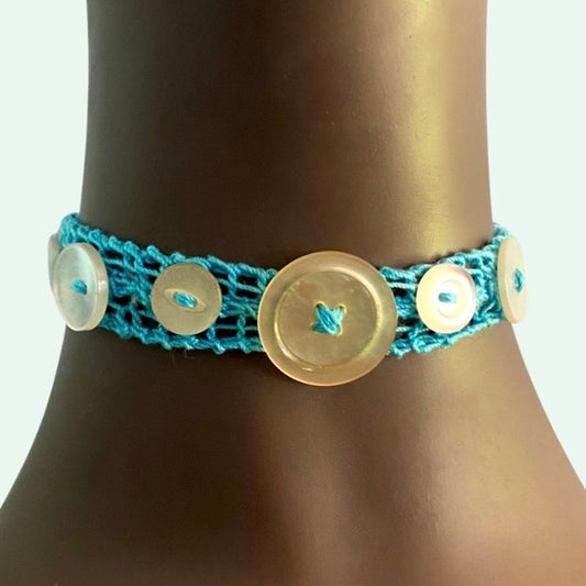 Pearlescent Button Embellished Handknit Turquoise Cotton Choker Necklace