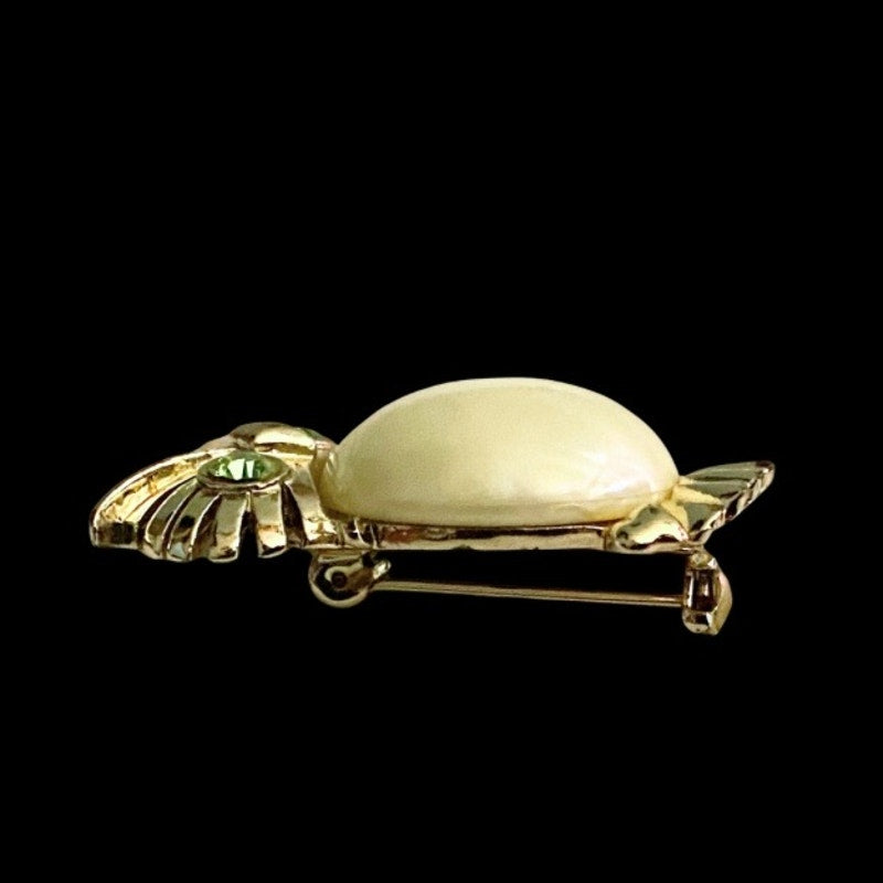 Vintage Pearly White  “Jelly Belly” Gold Toned Green-Eyed Owl Brooch