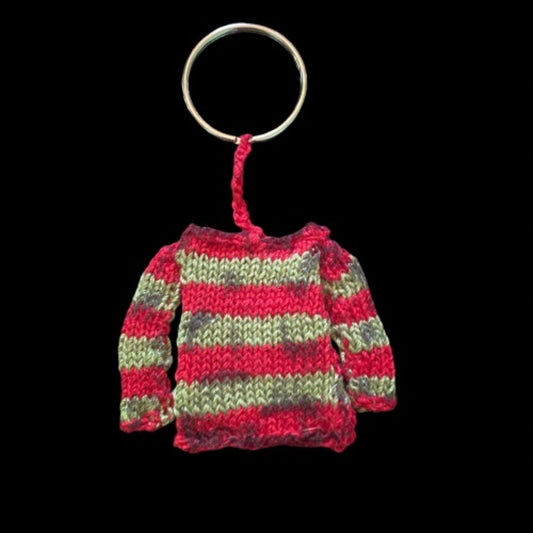KRUEGER Red & Green Striped Sweater Keychain | Handknit with Cotton Thread