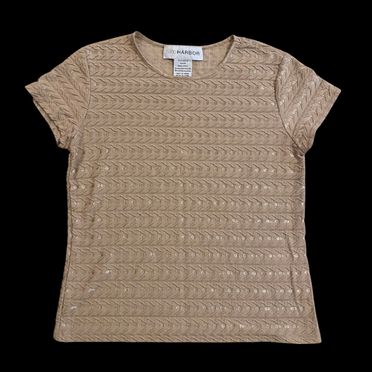 Vintage Sand and Champagne Ribbed Embroidered Short Sleeve Shirt (S)