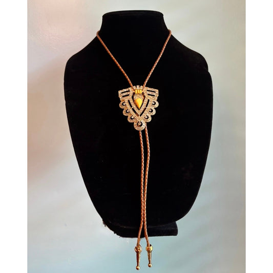 Art Deco Mock Yellow Topaz & Rhinestone Studded Triangle Camel Brown Leather Cord Bolo Tie