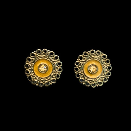 Antique Recreation Goldenrod Cannetille Pewter Round Flower Stud Earrings