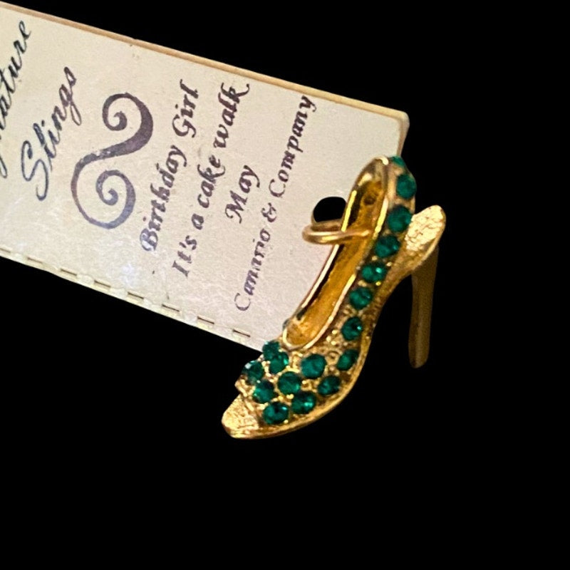 Vintage NWT May “Birthday Girl” Emerald Green Rhinestone Studded Yellow Gold Slingback Heel Charm