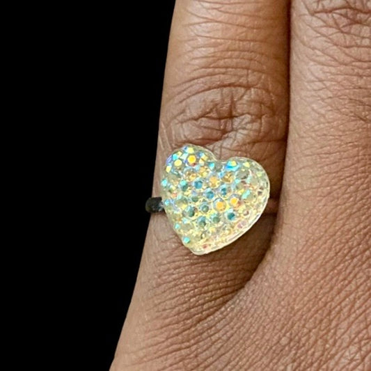 Vintage White/Rainbow Flash Pebbled Resin Heart Silver Toned Ring (5-7)